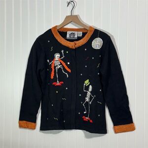 Storybook Knits Halloween Skeleton Sweater Small Dance Party Black Orange